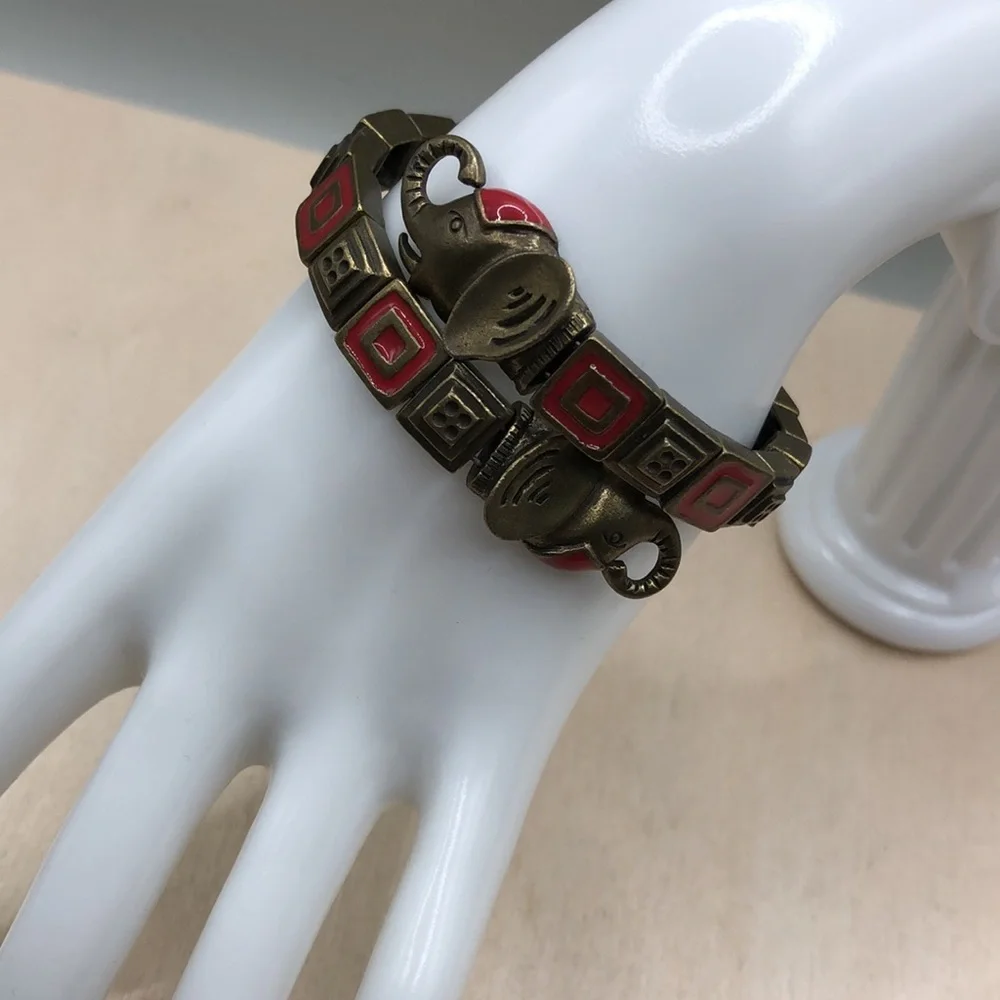 Vintage elephant memory coil brass and enamel bracelet small wrist 6.5